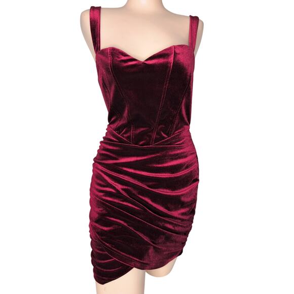 Velvet Ruched Burgundy Bodycon Mini Dress Small Y2K Whimsigoth Grunge Coquette - Picture 1 of 5